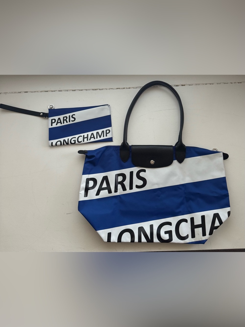 Longchamp Blue and White Striped Paris Logo Tote with Pouch